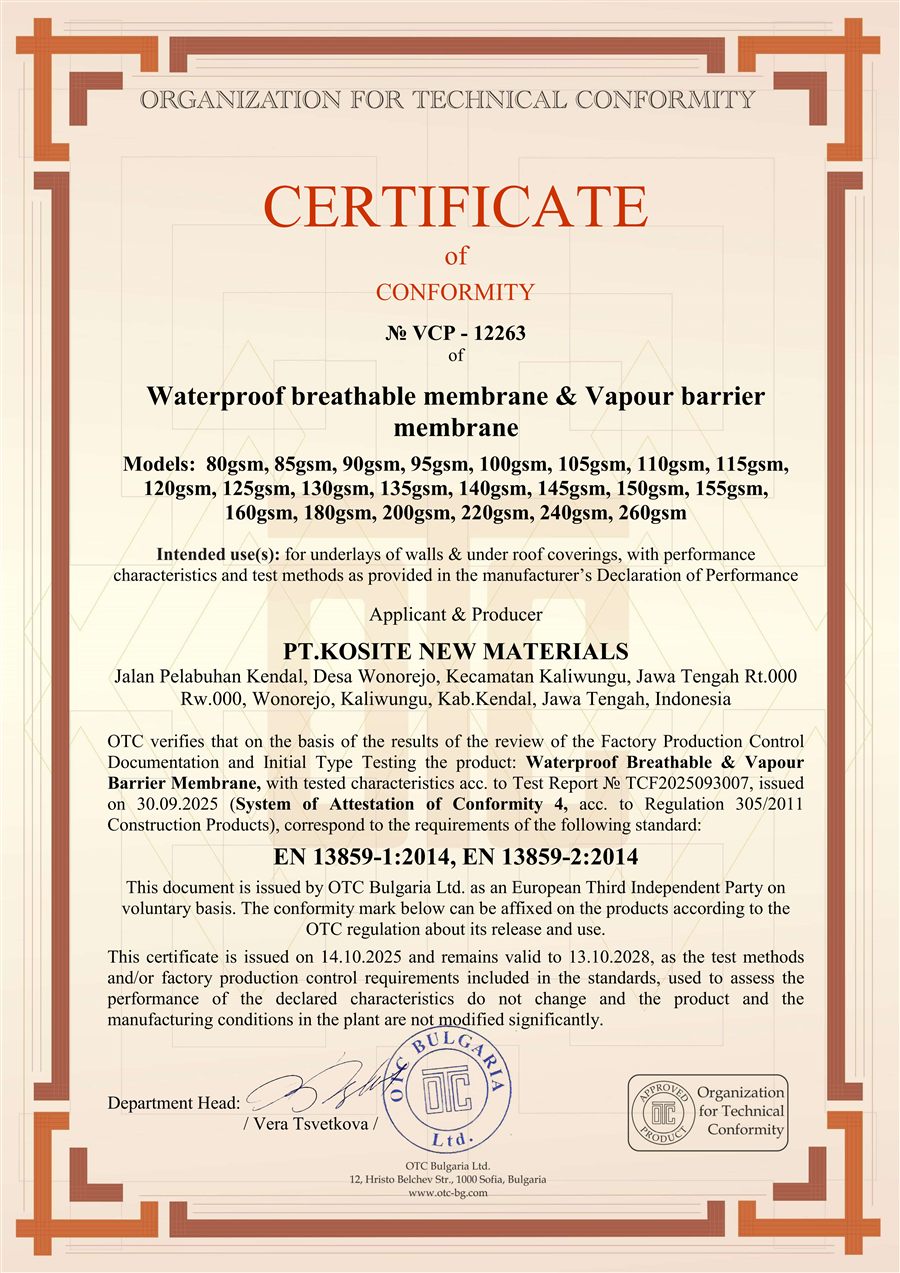 KOSITE EN 13859 membrane conformity certificate VCP-12263