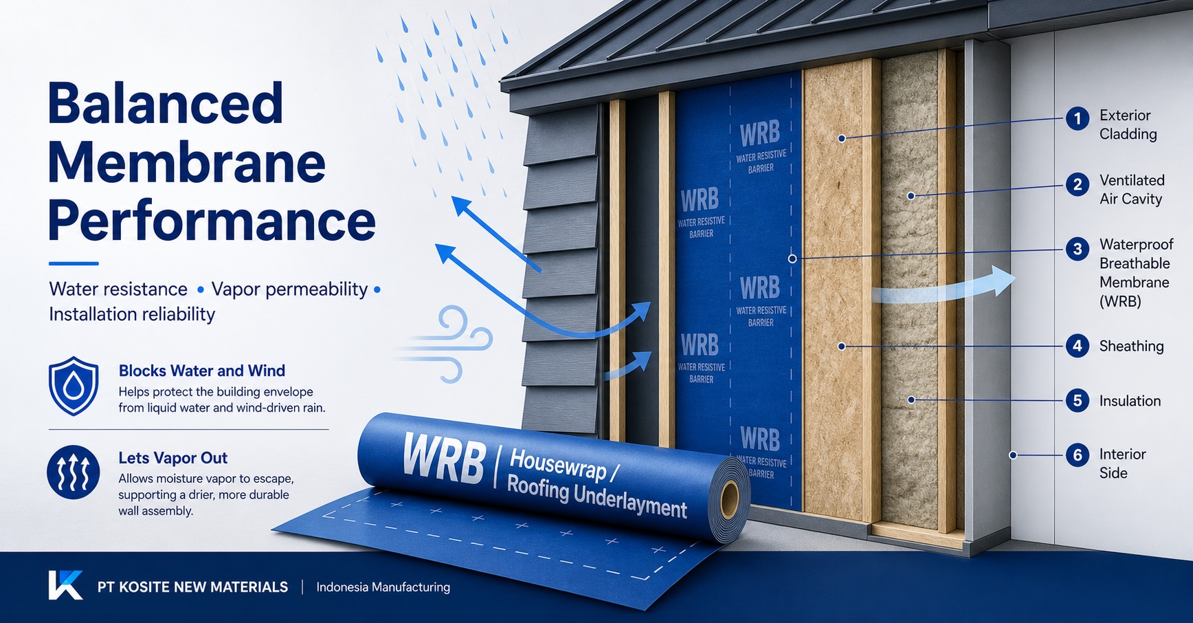 Waterproof breathable WRB wall assembly and building-envelope layers