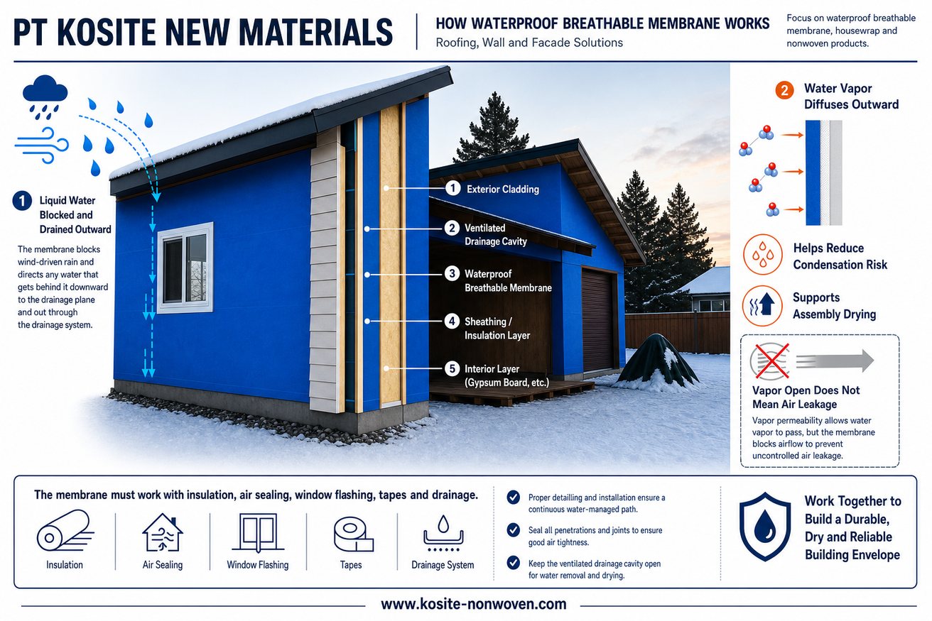 KOSITE waterproof breathable membrane wall assembly with ventilated drainage cavity