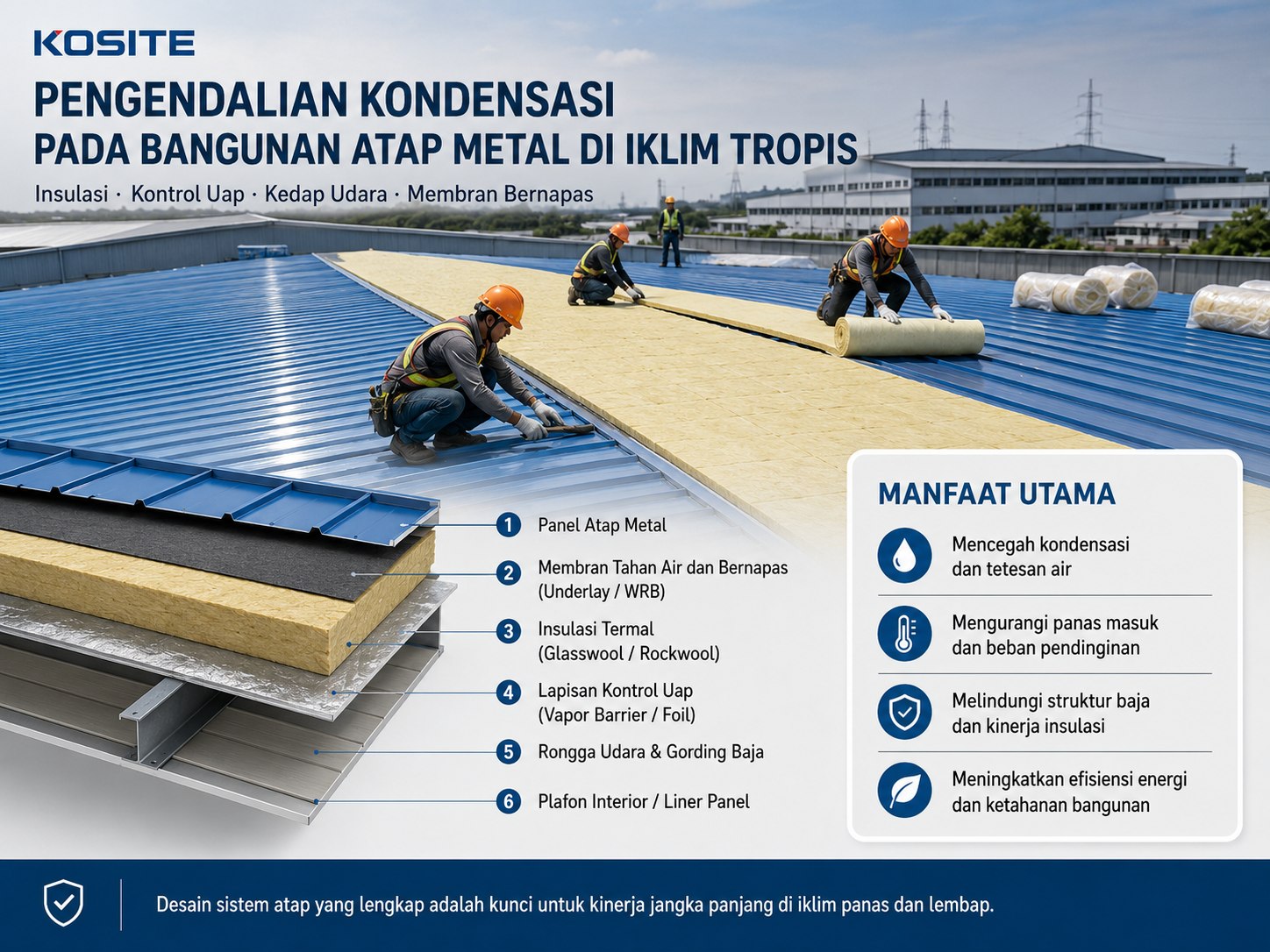 Tropical metal roof condensation-control system with insulation, vapour control and waterproof breathable membrane