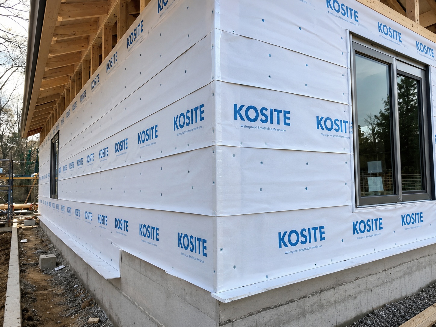 KOSITE housewrap installed continuously over a framed exterior wall before cladding